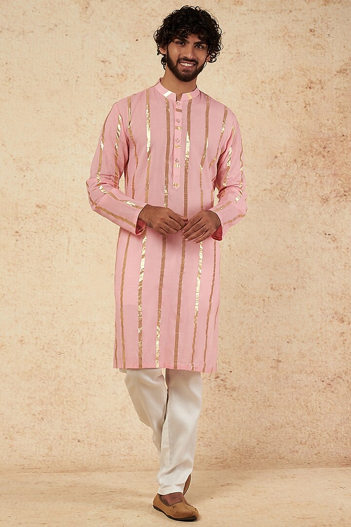 Blush Pink Embroidered Kurta Set Design by sharad raghav men at Pernia