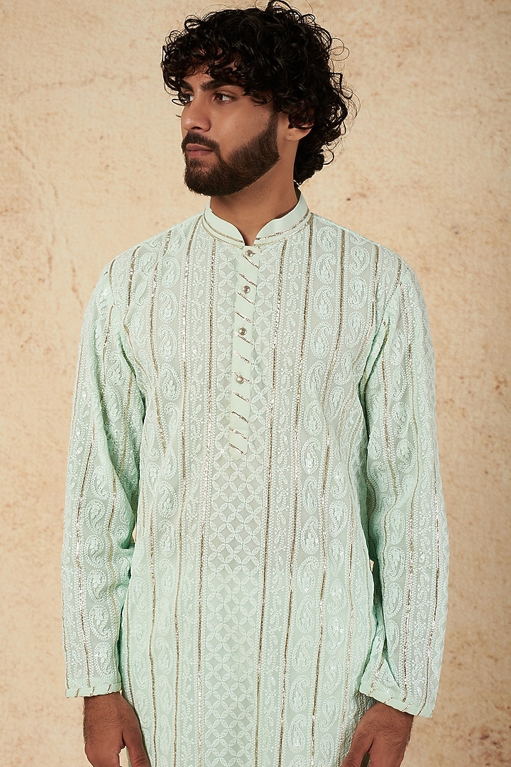 Mint Embroidered Kurta Set by sharad raghav men at Pernia's Pop Up Shop
