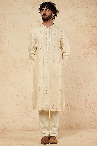 Beige Silk Mirror Embellished Kurta Set by sharad raghav men