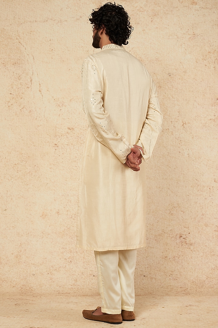 Beige Silk Mirror Embellished Kurta Set by sharad raghav men at Pernia's Pop Up Shop