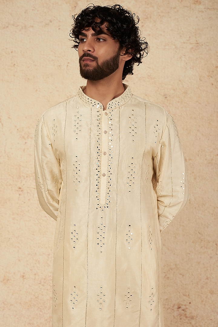 Beige Silk Mirror Embellished Kurta Set by sharad raghav men at Pernia's Pop Up Shop