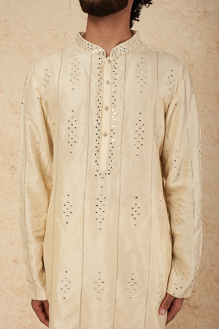 Beige Silk Mirror Embellished Kurta Set by sharad raghav men at Pernia's Pop Up Shop