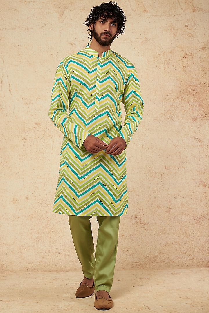 Olive Green Block Printed & Embroidered Kurta Set by sharad raghav men at Pernia's Pop Up Shop