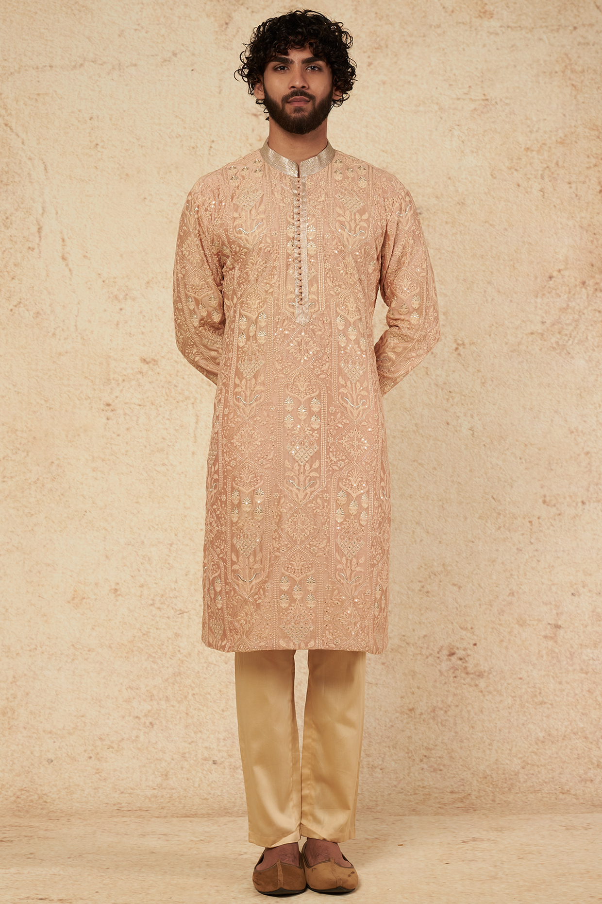 Peach Embroidered Kurta Set by sharad raghav men