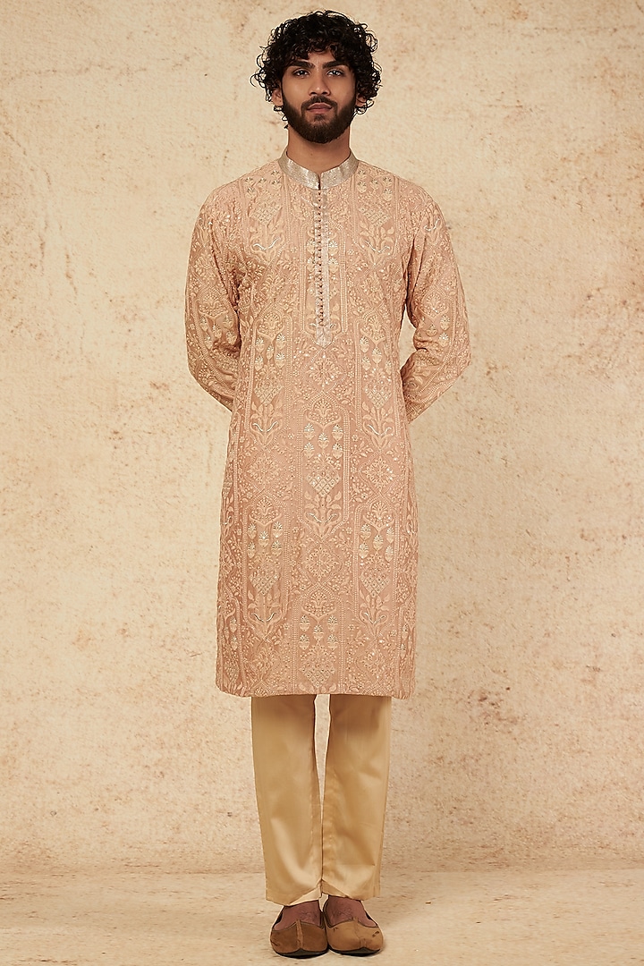 Peach Embroidered Kurta Set by sharad raghav men