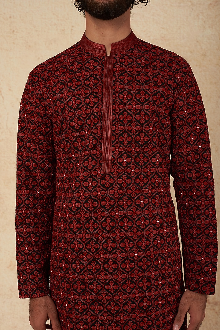 Black & Red Embroidered Kurta Set by sharad raghav men at Pernia's Pop Up Shop