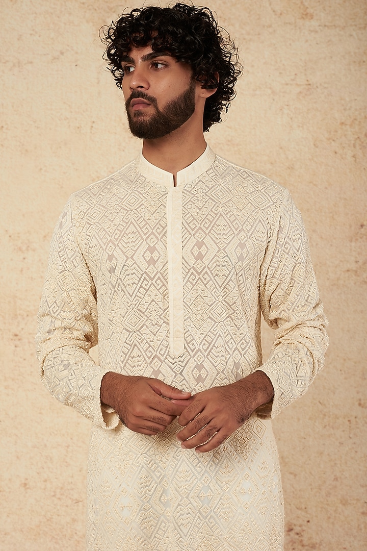 Ivory Georgette Pearl & Chikankari Embroidered Kurta Set by sharad raghav men at Pernia's Pop Up Shop