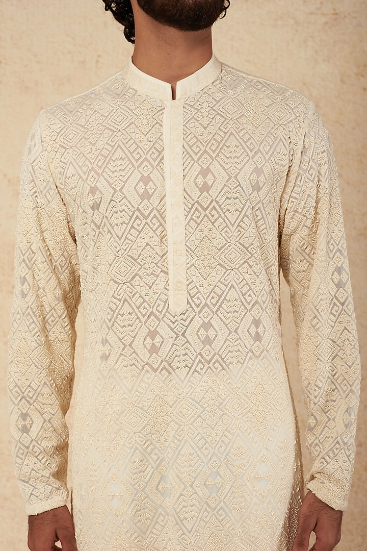 Ivory Georgette Pearl & Chikankari Embroidered Kurta Set by sharad raghav men at Pernia's Pop Up Shop