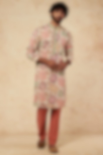White Georgette Floral Printed & Mirror Embroidered Kurta Set by sharad raghav men at Pernia's Pop Up Shop