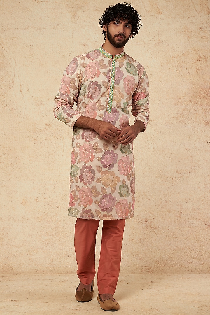 White Georgette Floral Printed & Mirror Embroidered Kurta Set by sharad raghav men at Pernia's Pop Up Shop
