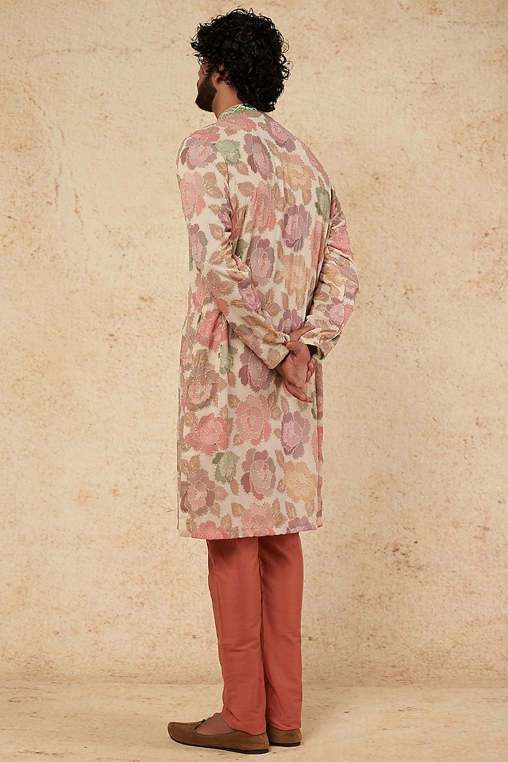 White Georgette Floral Printed & Mirror Embroidered Kurta Set by sharad raghav men at Pernia's Pop Up Shop