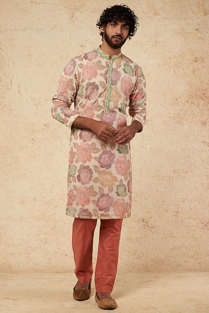 White Georgette Floral Printed & Mirror Embroidered Kurta Set by sharad raghav men at Pernia's Pop Up Shop