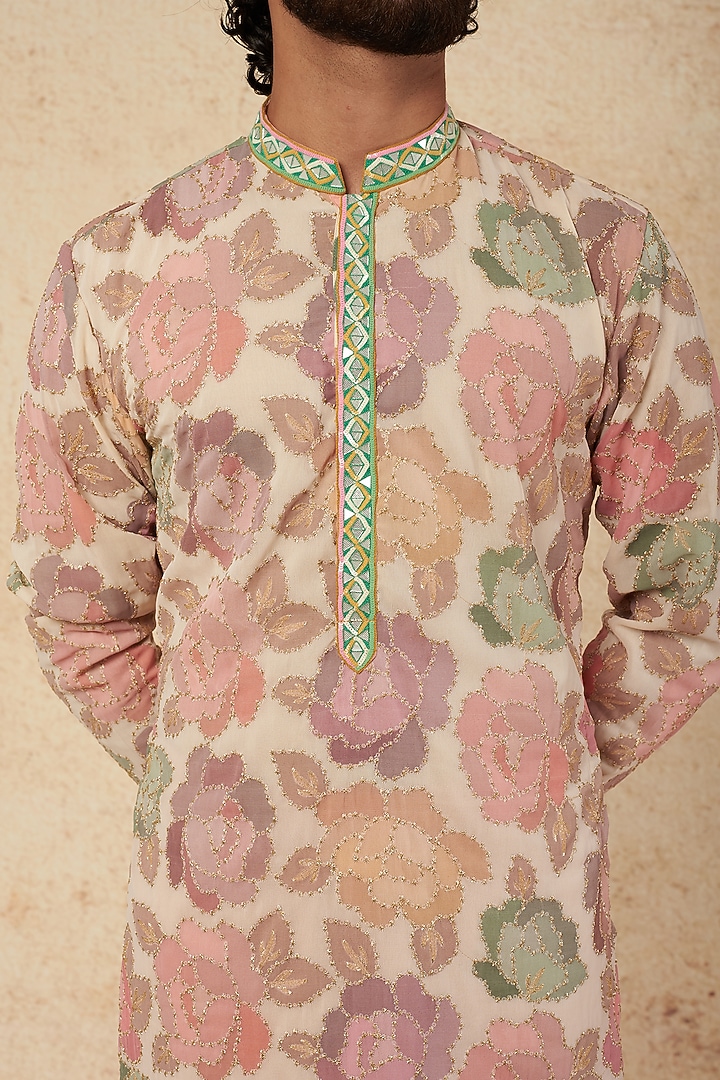 White Georgette Floral Printed & Mirror Embroidered Kurta Set by sharad raghav men at Pernia's Pop Up Shop