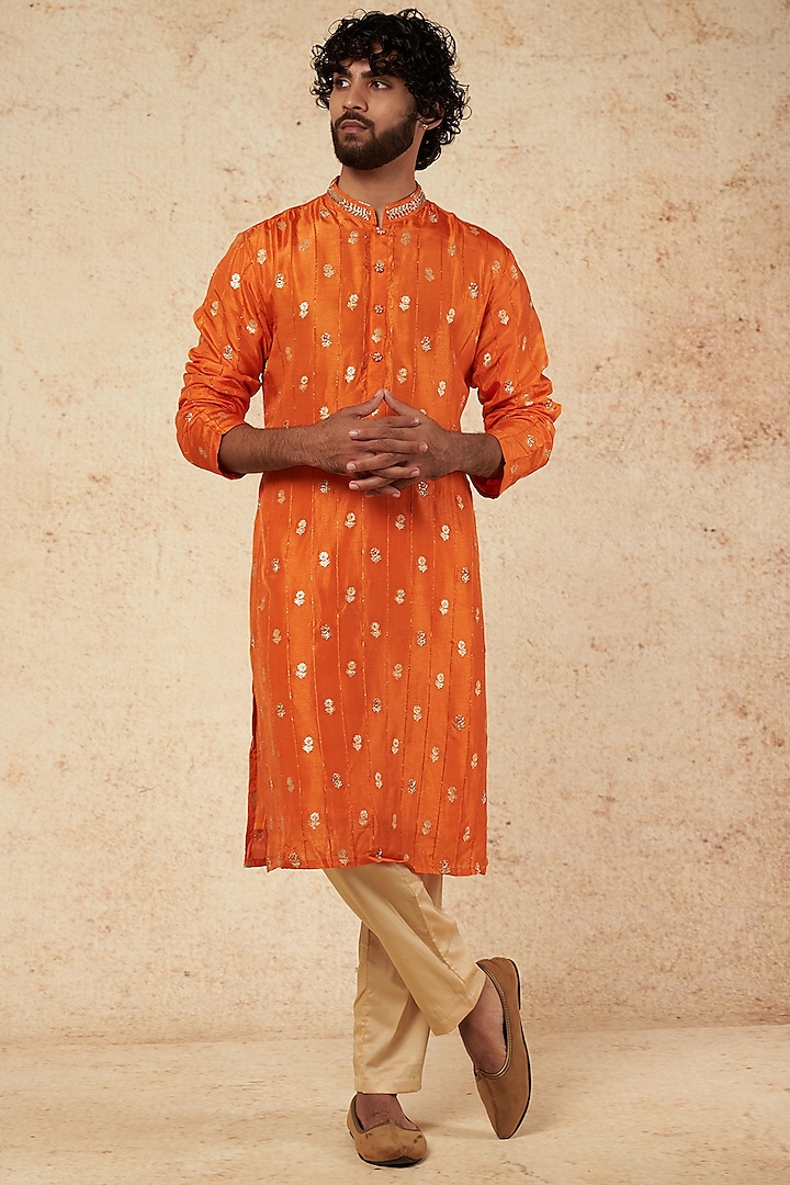 Orange Embroidered Kurta Set by sharad raghav men