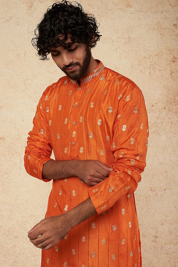 Orange Embroidered Kurta Set by sharad raghav men at Pernia's Pop Up Shop