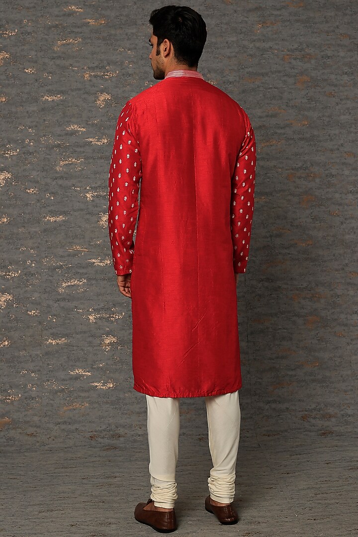 Red Silk Resham Embroidered Kurta Set by sharad raghav men at Pernia's Pop Up Shop