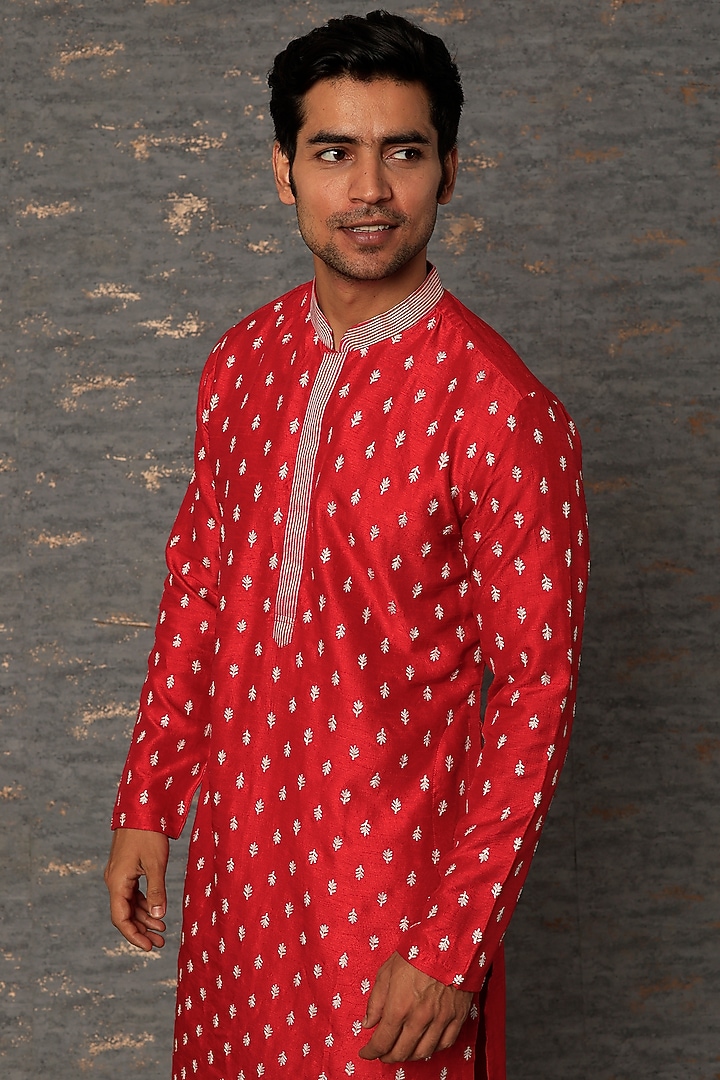 Red Silk Resham Embroidered Kurta Set by sharad raghav men at Pernia's Pop Up Shop