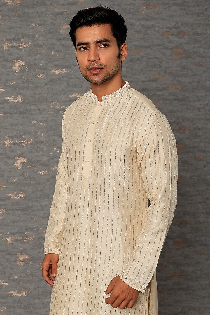 Ivory Silk Zardosi & Resham Hand Embroidered Kurta Set by sharad raghav men at Pernia's Pop Up Shop