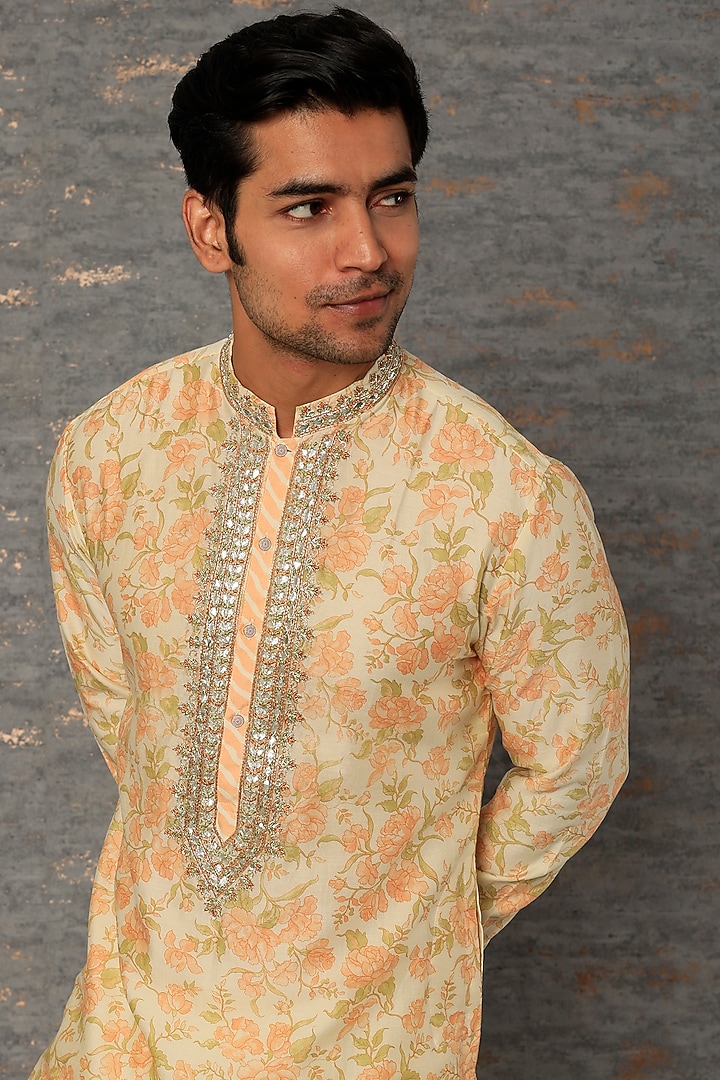 Peach Silk Chanderi Floral Printed & Gota Patti Embroidered Kurta Set by sharad raghav men at Pernia's Pop Up Shop