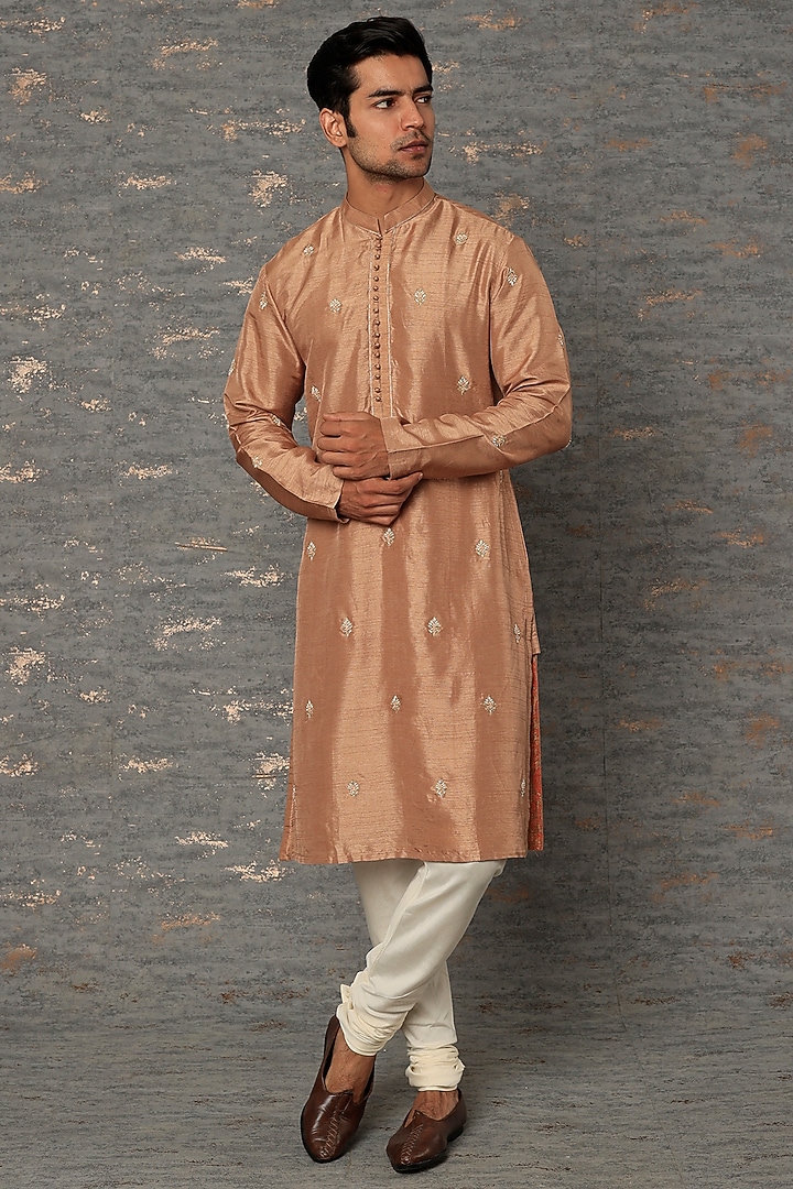 Light Brown Silk Chanderi Zardosi Hand Embroidered Kurta Set by sharad raghav men at Pernia's Pop Up Shop