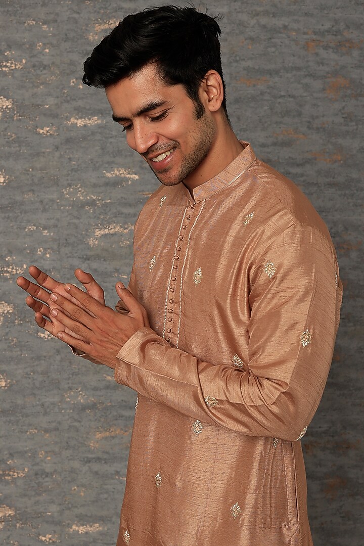 Light Brown Silk Chanderi Zardosi Hand Embroidered Kurta Set by sharad raghav men at Pernia's Pop Up Shop