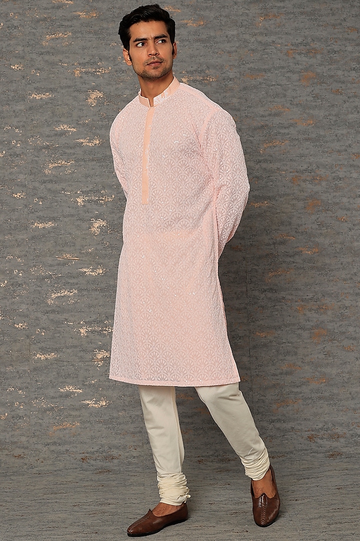 Soft Pink Chikankari Embroidered Kurta Set by sharad raghav men at Pernia's Pop Up Shop