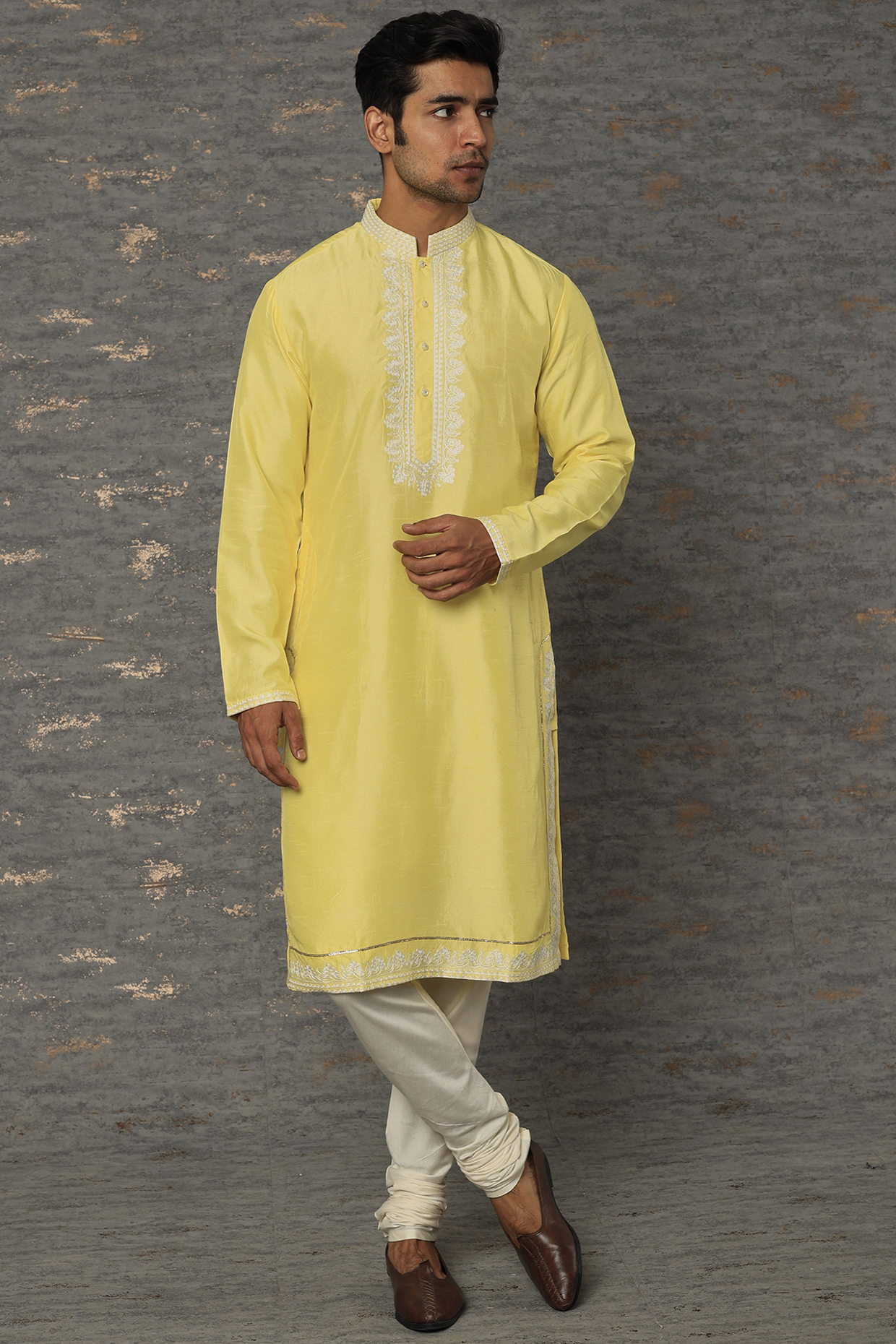 Lime Yellow Embroidered Kurta Set by sharad raghav men at Pernia's Pop Up Shop
