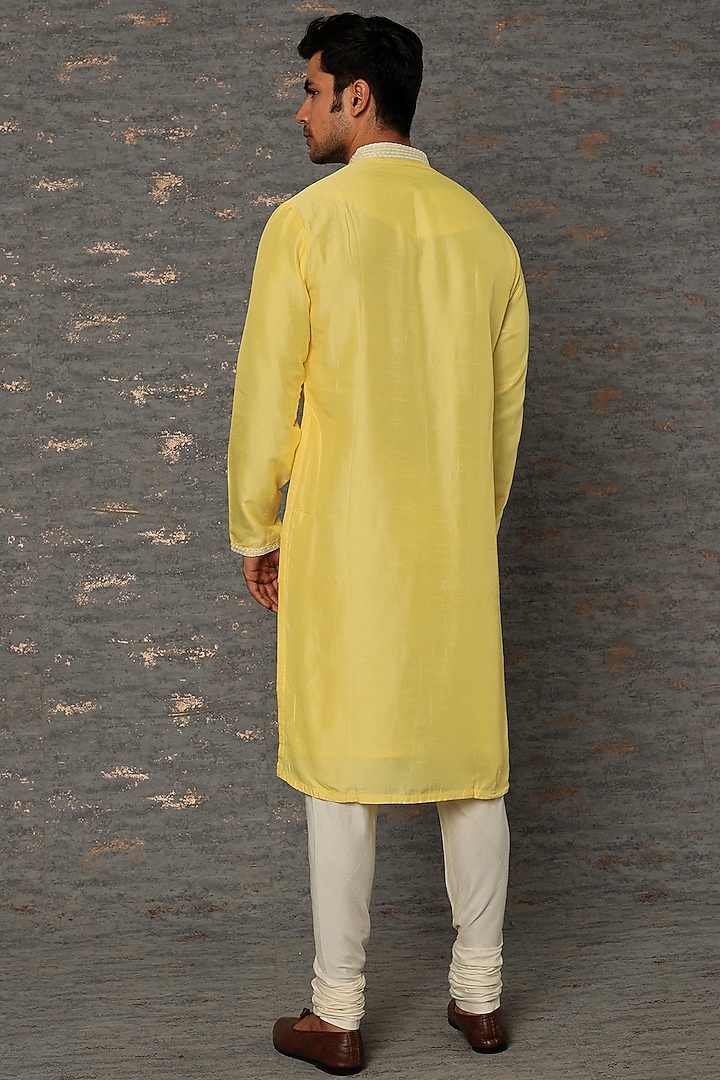 Lime Yellow Silk Resham & Aari Embroidered Kurta Set by sharad raghav men at Pernia's Pop Up Shop