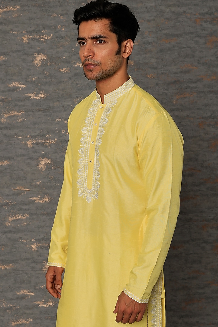 Lime Yellow Silk Resham & Aari Embroidered Kurta Set by sharad raghav men at Pernia's Pop Up Shop