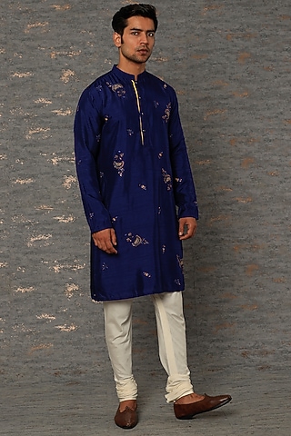 Royal Blue Silk Hand Embroidered Kurta Set by sharad raghav men