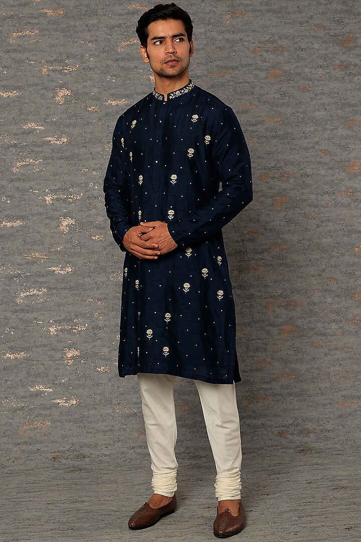 Navy Blue Silk Hand Embroidered Kurta Set by sharad raghav men at Pernia's Pop Up Shop