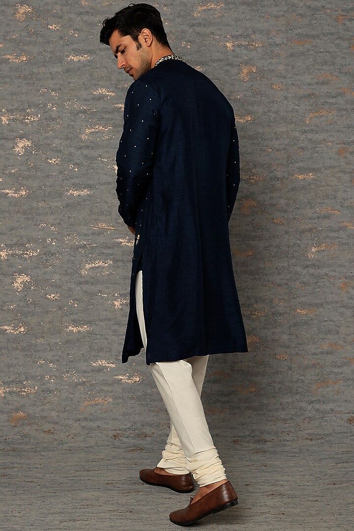 Navy Blue Silk Hand Embroidered Kurta Set by sharad raghav men at Pernia's Pop Up Shop