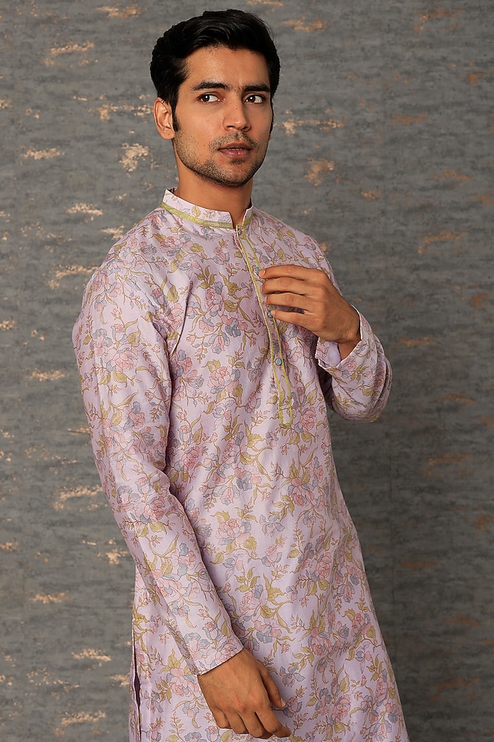 Lavender Silk Chanderi Thread Embroidered Kurta Set by sharad raghav men at Pernia's Pop Up Shop