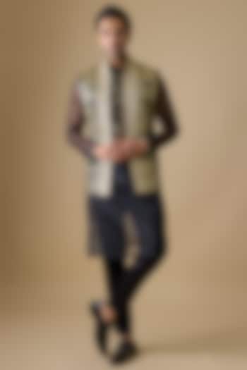 Black Silk Foil Printed Bundi Jacket Set by sharad raghav men