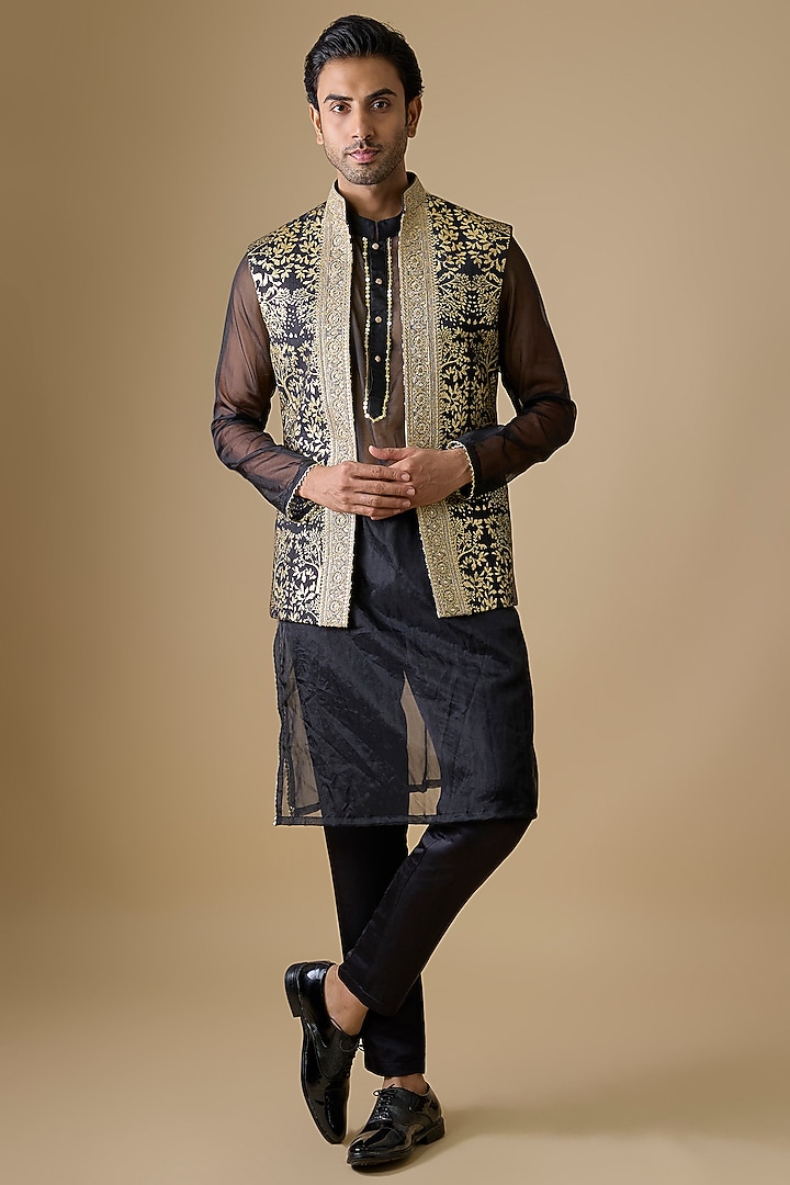 Black Silk Foil Printed Bundi Jacket Set by sharad raghav men