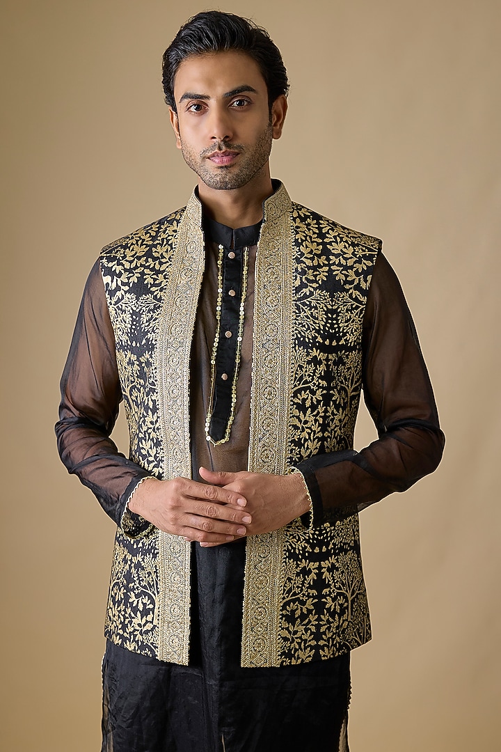 Black Silk Foil Printed Bundi Jacket Set by Sharad Raghav men at Pernia's Pop Up Shop