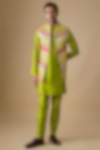 Multi-Colored Pure Banarasi Brocade Handwoven Printed Bundi Jacket Set by sharad raghav men