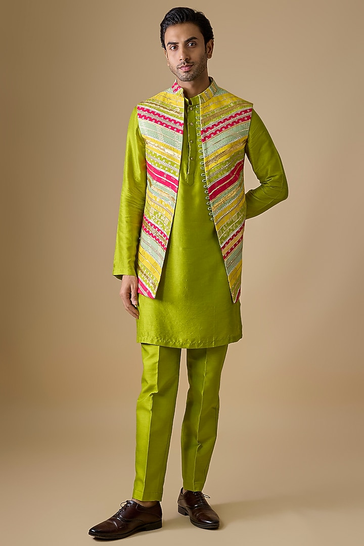 Multi-Colored Pure Banarasi Brocade Handwoven Printed Bundi Jacket Set by sharad raghav men