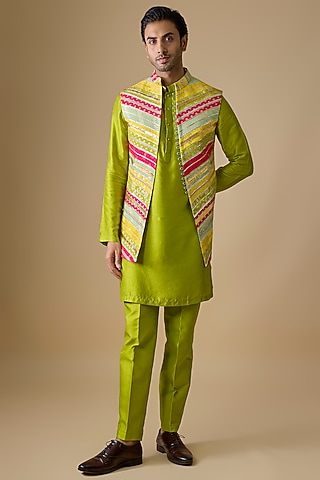 Multi-Colored Pure Banarasi Brocade Handwoven Printed Bundi Jacket Set by Sharad Raghav men