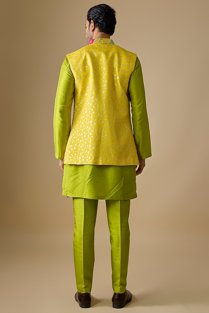 Multi-Colored Pure Banarasi Brocade Handwoven Printed Bundi Jacket Set by Sharad Raghav men at Pernia's Pop Up Shop