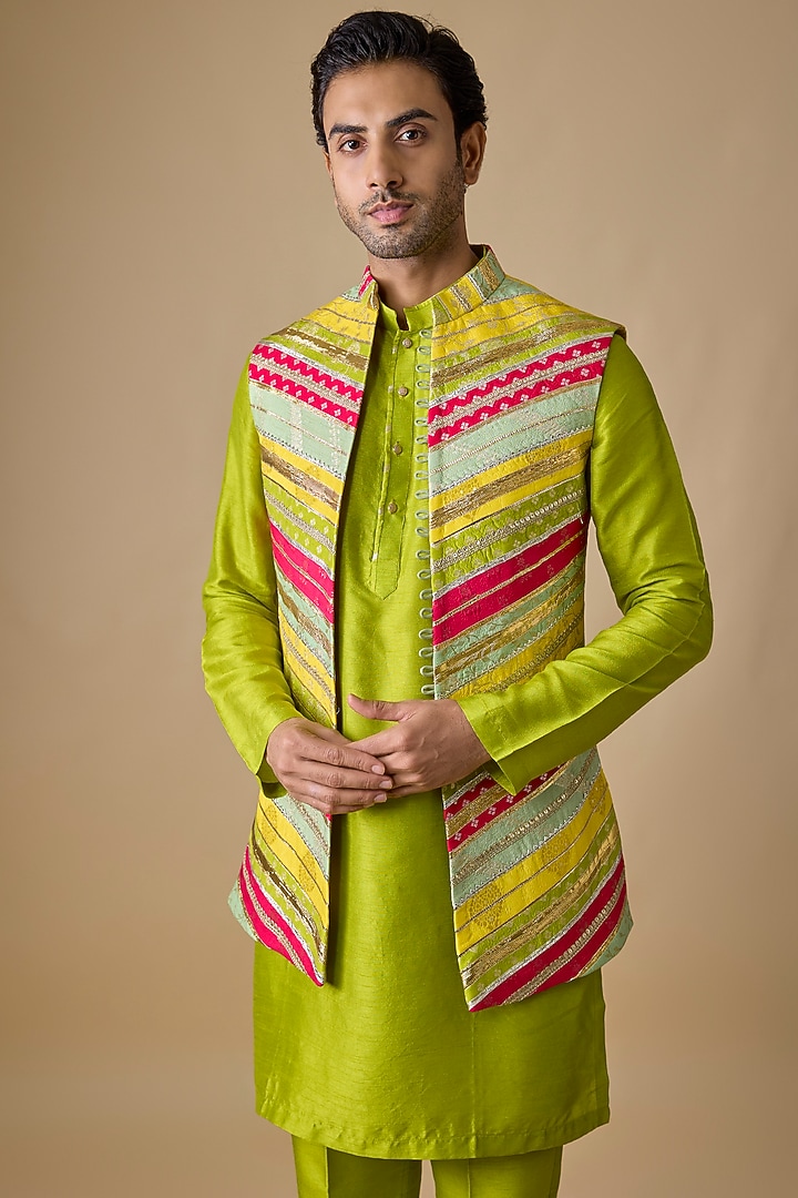 Multi-Colored Pure Banarasi Brocade Handwoven Printed Bundi Jacket Set by Sharad Raghav men at Pernia's Pop Up Shop