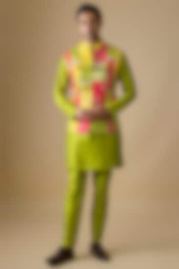Multi-Colored Pure Banarasi Brocade Handwoven Printed Bundi Jacket Set by sharad raghav men