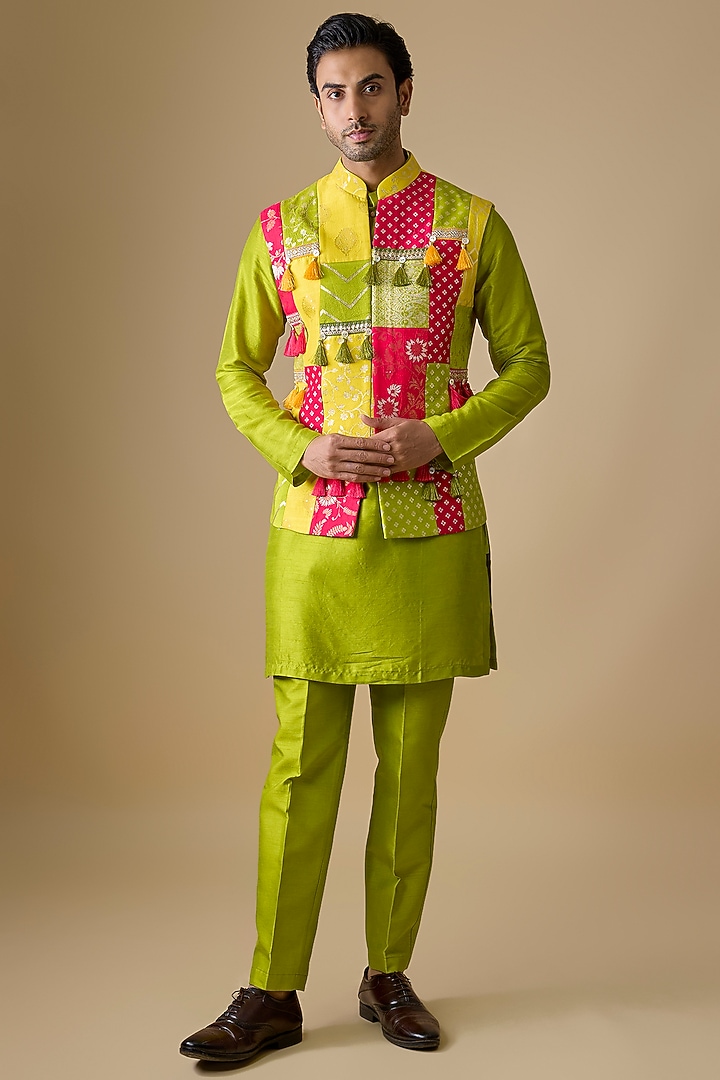 Multi-Colored Pure Banarasi Brocade Handwoven Printed Bundi Jacket Set by sharad raghav men