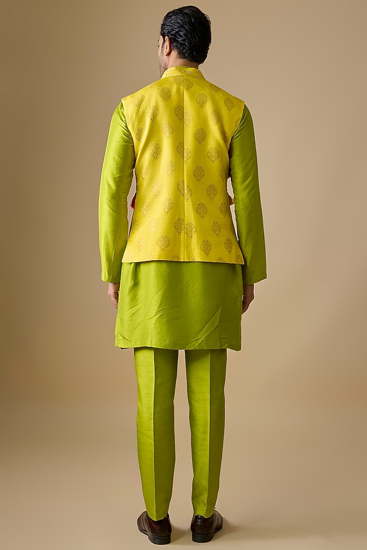 Multi-Colored Pure Banarasi Brocade Handwoven Printed Bundi Jacket Set by Sharad Raghav men at Pernia's Pop Up Shop