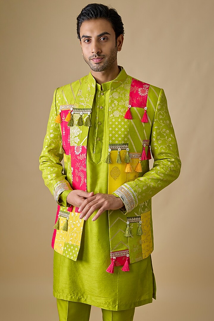 Multi-Colored Pure Banarasi Brocade Handwoven Printed Bundi Jacket Set by Sharad Raghav men at Pernia's Pop Up Shop