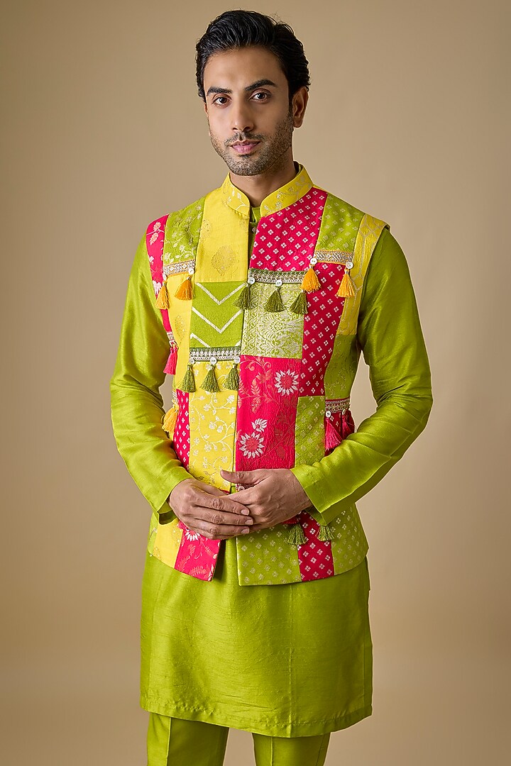 Multi-Colored Pure Banarasi Brocade Handwoven Printed Bundi Jacket Set by Sharad Raghav men at Pernia's Pop Up Shop