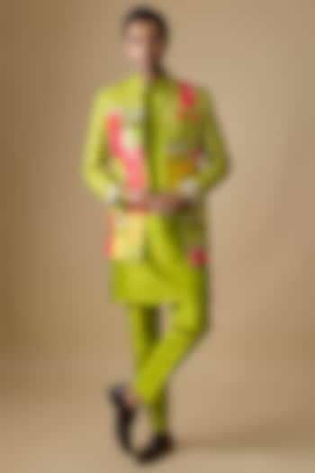 Multi-Colored Pure Banarasi Brocade Handwoven Printed Bundi Jacket Set by sharad raghav men
