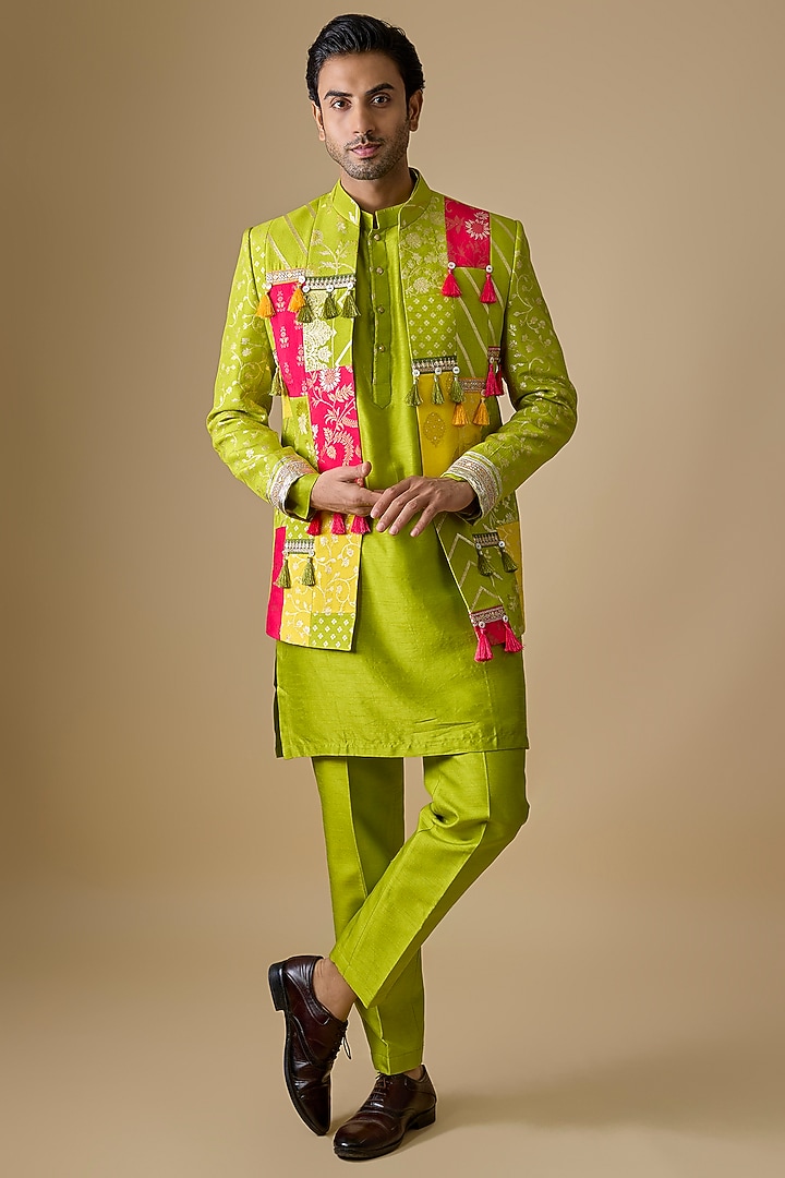 Multi-Colored Pure Banarasi Brocade Handwoven Printed Bundi Jacket Set by sharad raghav men