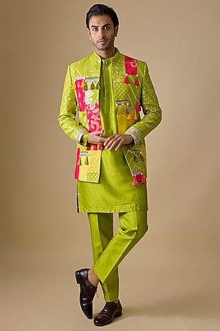 Multi-Colored Pure Banarasi Brocade Handwoven Printed Bundi Jacket Set by Sharad Raghav men