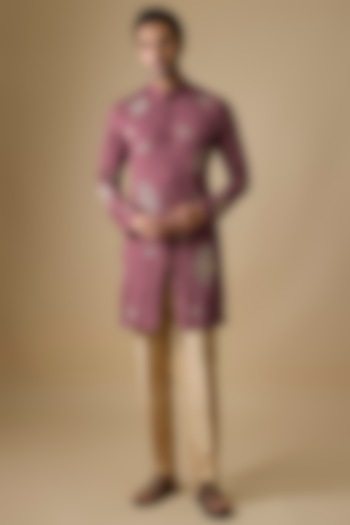 Salmon Pink Linen Silk Zari Embroidered Kurta Set by Sharad Raghav men at Pernia's Pop Up Shop